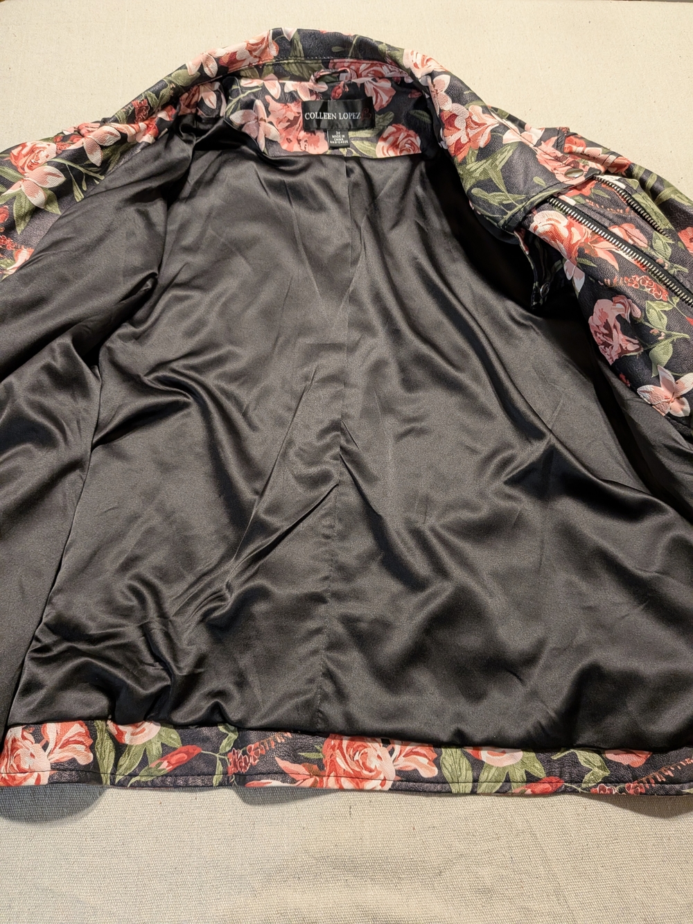 Floral Faux Leather Moto Jacket Pink Rose Edgy Fall - Picture 11 of 14